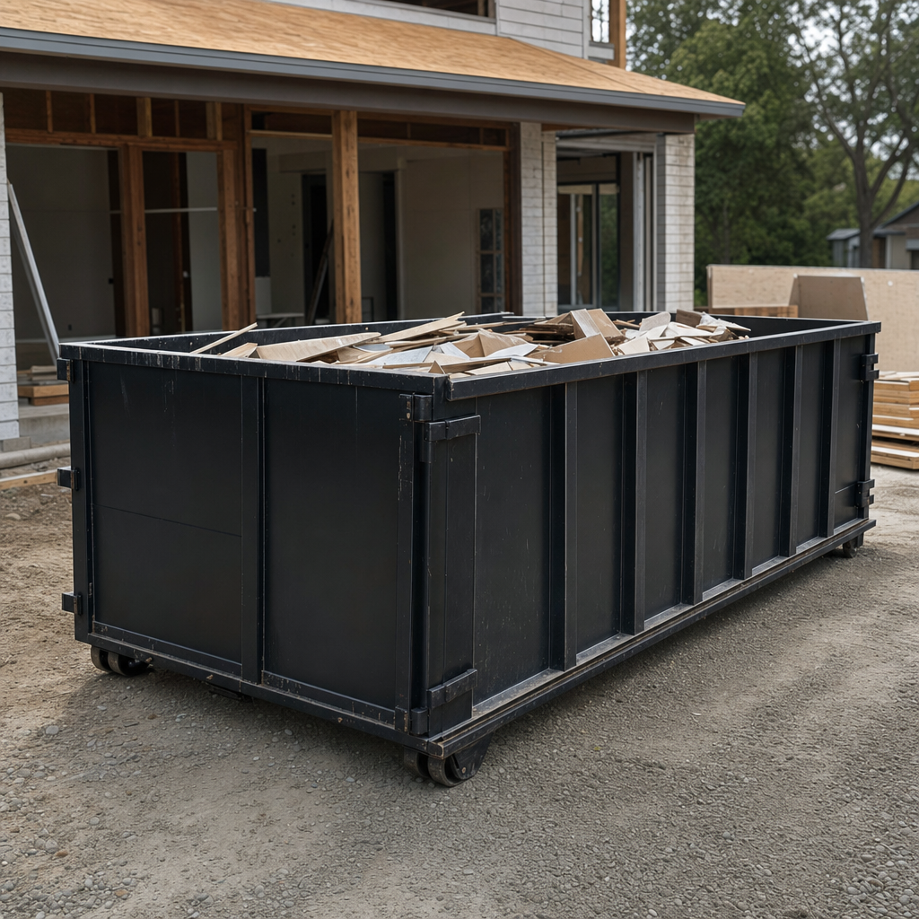 Large matte-black 30-yard construction roll-off dumpster at an active San Mateo jobsite, steel-gray top rails and bottom rollers visible, loaded with construction debris.