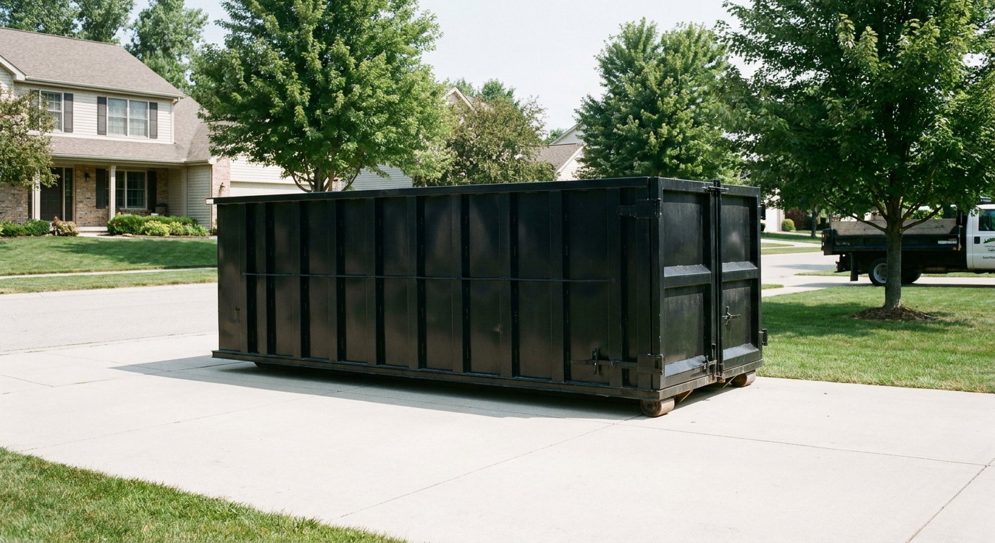 Matte-black 20-yard roll-off dumpster sitting level on a clean San Mateo residential concrete driveway under bright daylight, demonstrating clean placement directly on the concrete.