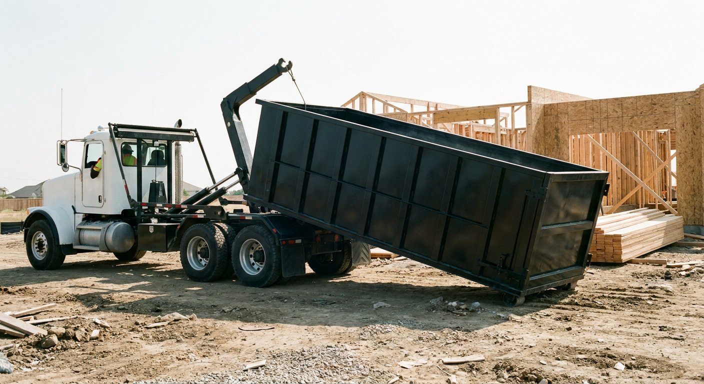 Matte-black roll-off dumpster being delivered onto a clean residential concrete driveway in San Mateo by an unmarked white hooklift hauler truck, bright morning daylight, documentary 35mm perspective.