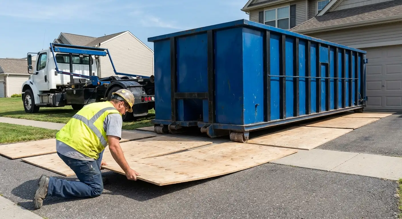 Driveway protection and delivery preparation for dumpster rental in San Mateo, CA
