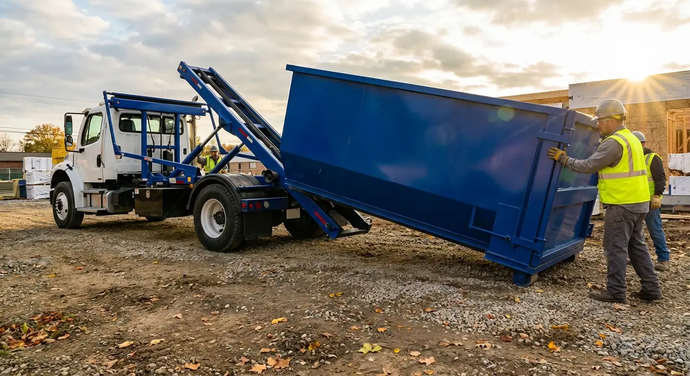 Construction dumpster delivery truck at job site in San Mateo, CA