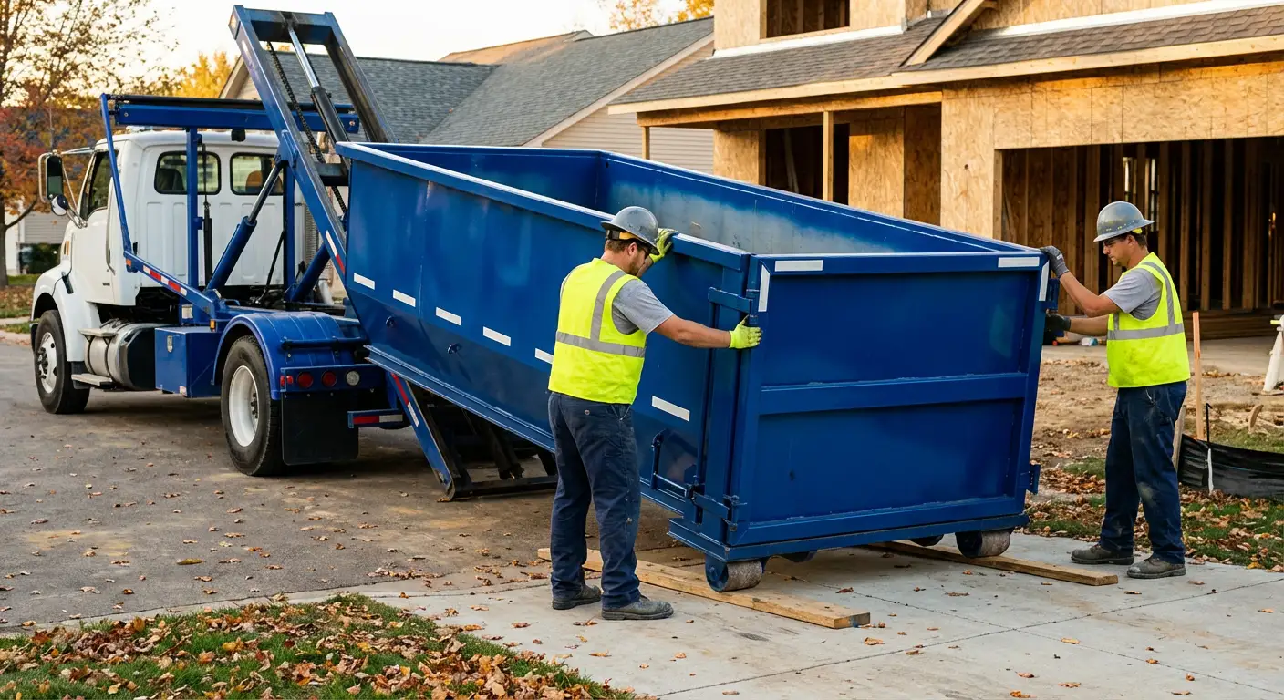 Roll-off dumpster delivery truck in residential area in San Mateo, CA