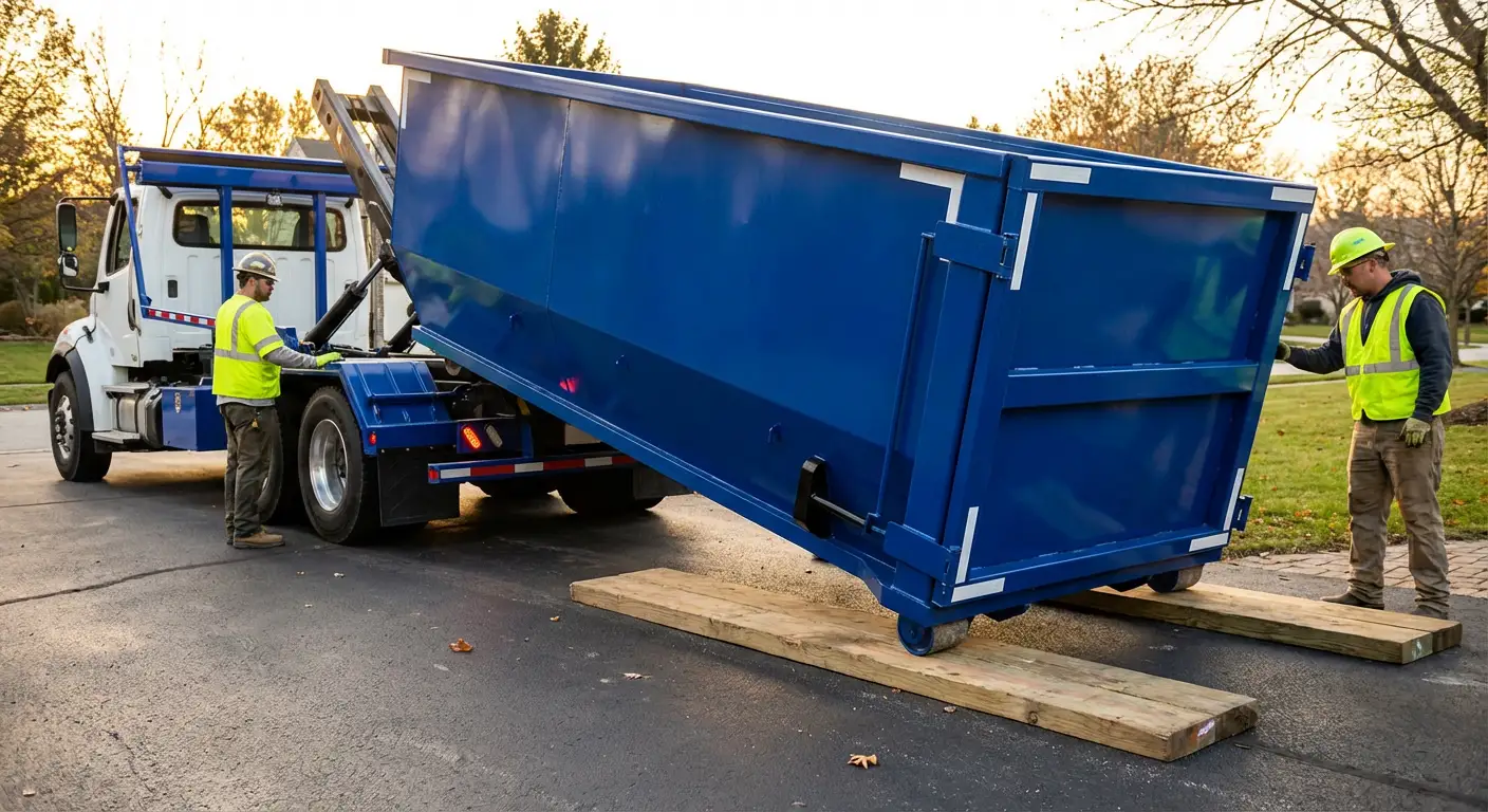 Dumpster delivery on driveway in San Mateo, CA
